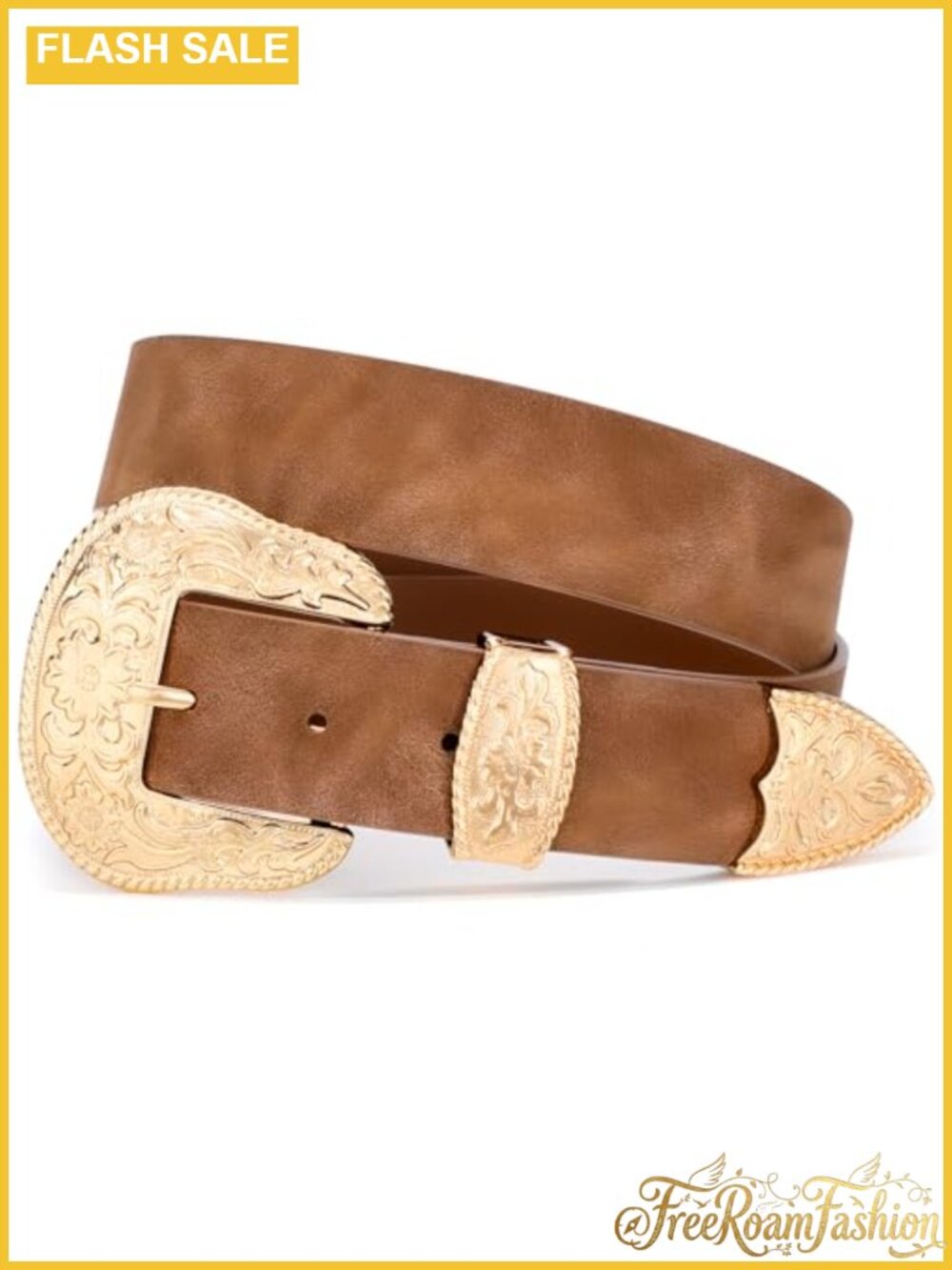 Western Faux Leather Belt with Floral Big Buckle for Jeans Dresses
